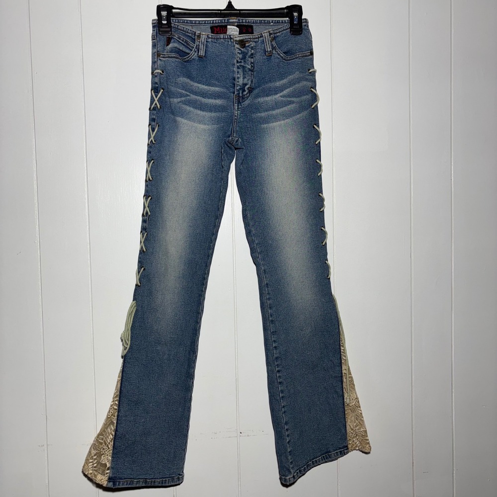 Mudd VTG Y2K Lace‎ Up Side Flare Jeans Medium Wash Floral Lace Inset Sz 3 Fairy
